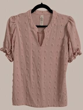 Textured Puff-Sleeve Blouse in Dusty Rose | Mauve Crinkle Swiss Dot Top - M